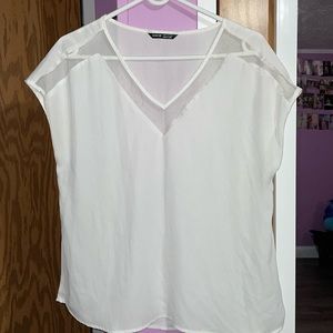 White chiffon and polka dot mesh cutout blouse